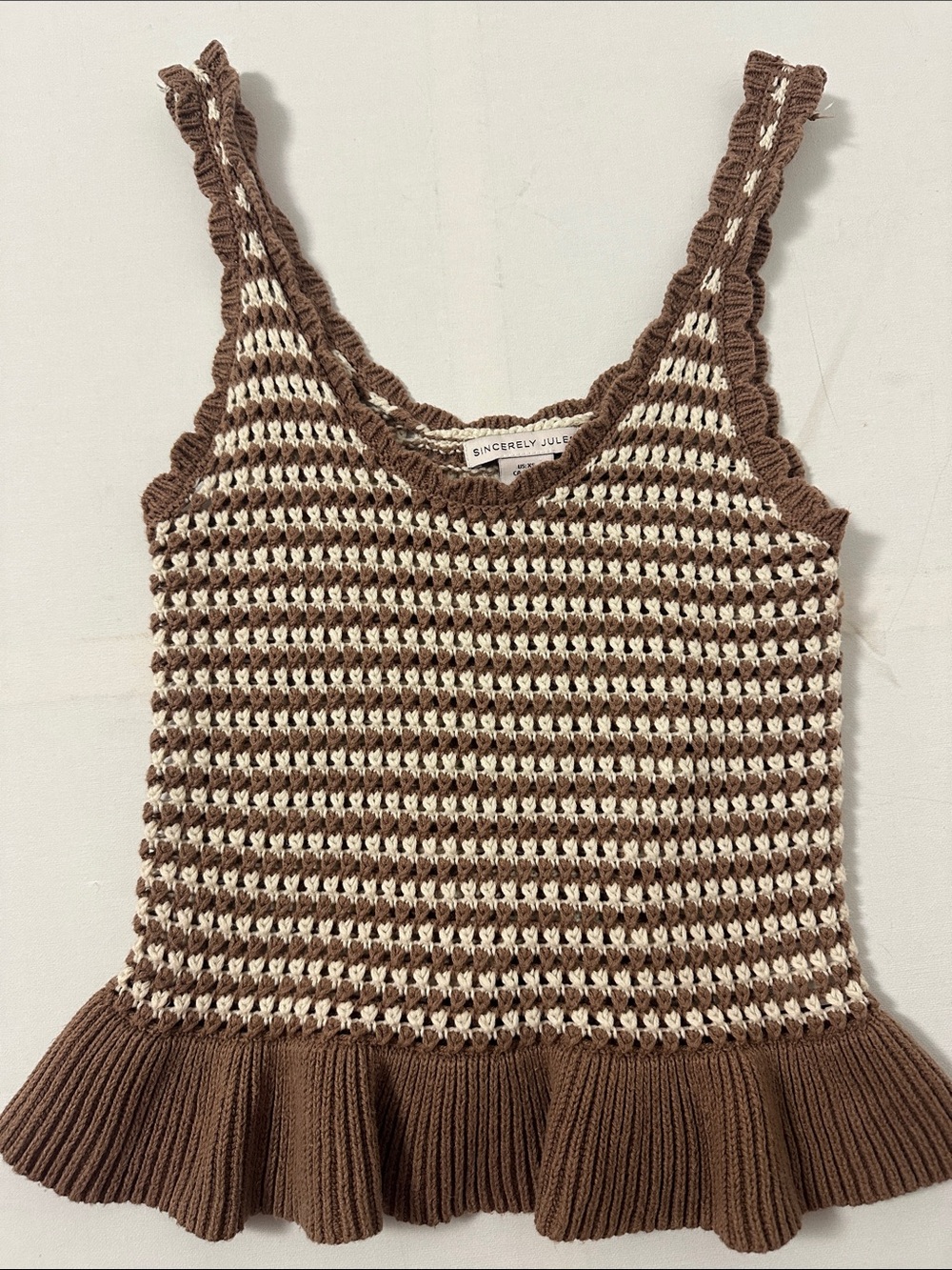 Sincerly Jules Brown & Cream Crochet Tank Dress with Ruffle Hem
